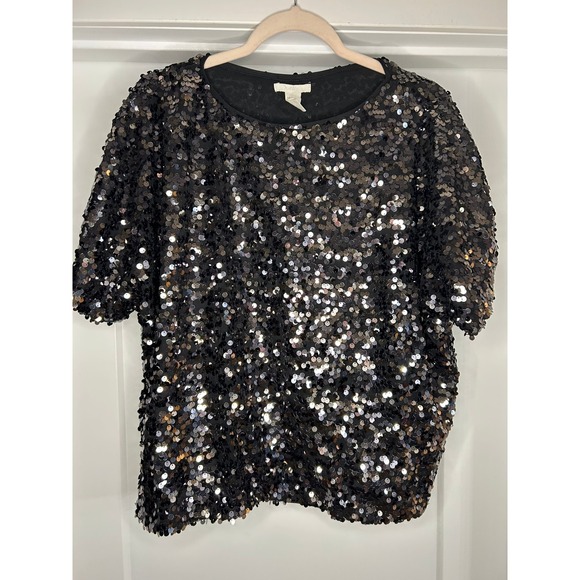 H&M Tops - HM Black Sequin Short Sleeve Top Womens Large Boxy Scoop Neck Party Blouse